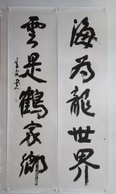 保真书画，中国书协理事，陕西省书协副主席，史星文《海为龙世界，云是鹤家乡》巨幅书法对联，纸本托片，附赠作者作品集一本，尺寸249×63cm×2（28.2平尺）。史星文，中国书法家协会理事陕西省书法家协会第四届副主席兼秘书长，中国散文学会会员，陕西省作家书画院副院长曾先后被评为“陕西十杰青年书法家”“陕西德艺双馨艺术家”。
