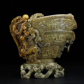 寿山石雕刻兽环螭龙酒杯印章