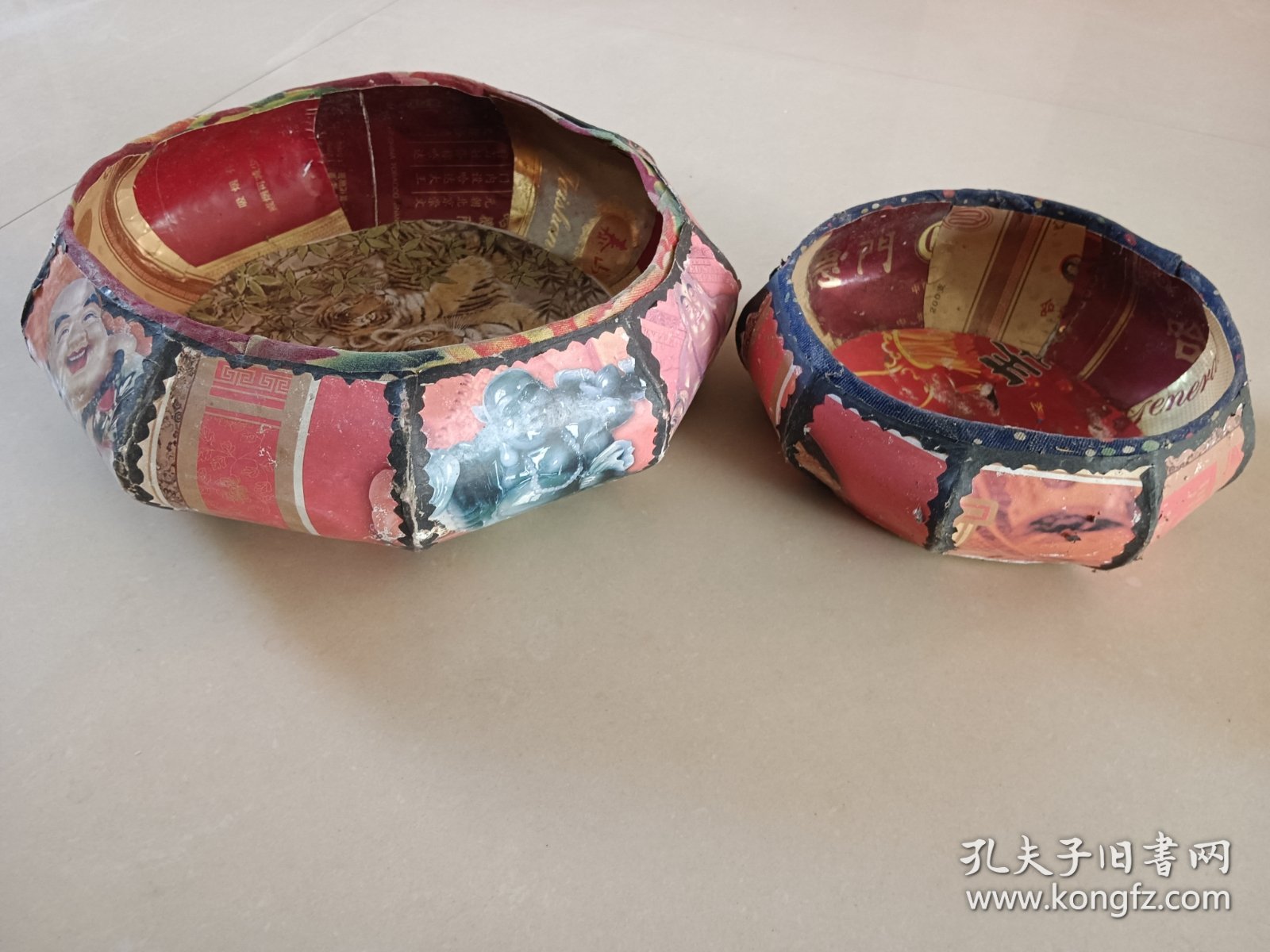 手工纸糊老针线盒 两个一起价格 直径23 17