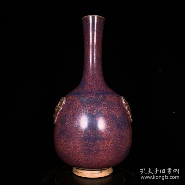 瓷瓶：钧窑玫瑰紫釉兽头瓶，高32.5直径16cm