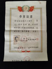 上海市沪新中学毕业证书 学员 何克或 上海人 校长 吴瑞丰 1956年7月。