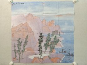 保真书画，广东名家，郑友深《渔歌》山水画69×70cm，软片。郑友深，广东省汕头人，中国美术家协会会员，中国工笔画学会会员，中央文史研究馆书画院南方分院画家，亚太艺术双年展组委会委员，广州市国画协会副会长，广东岭南诗社书画院副院长，岭南画院院聘画家。