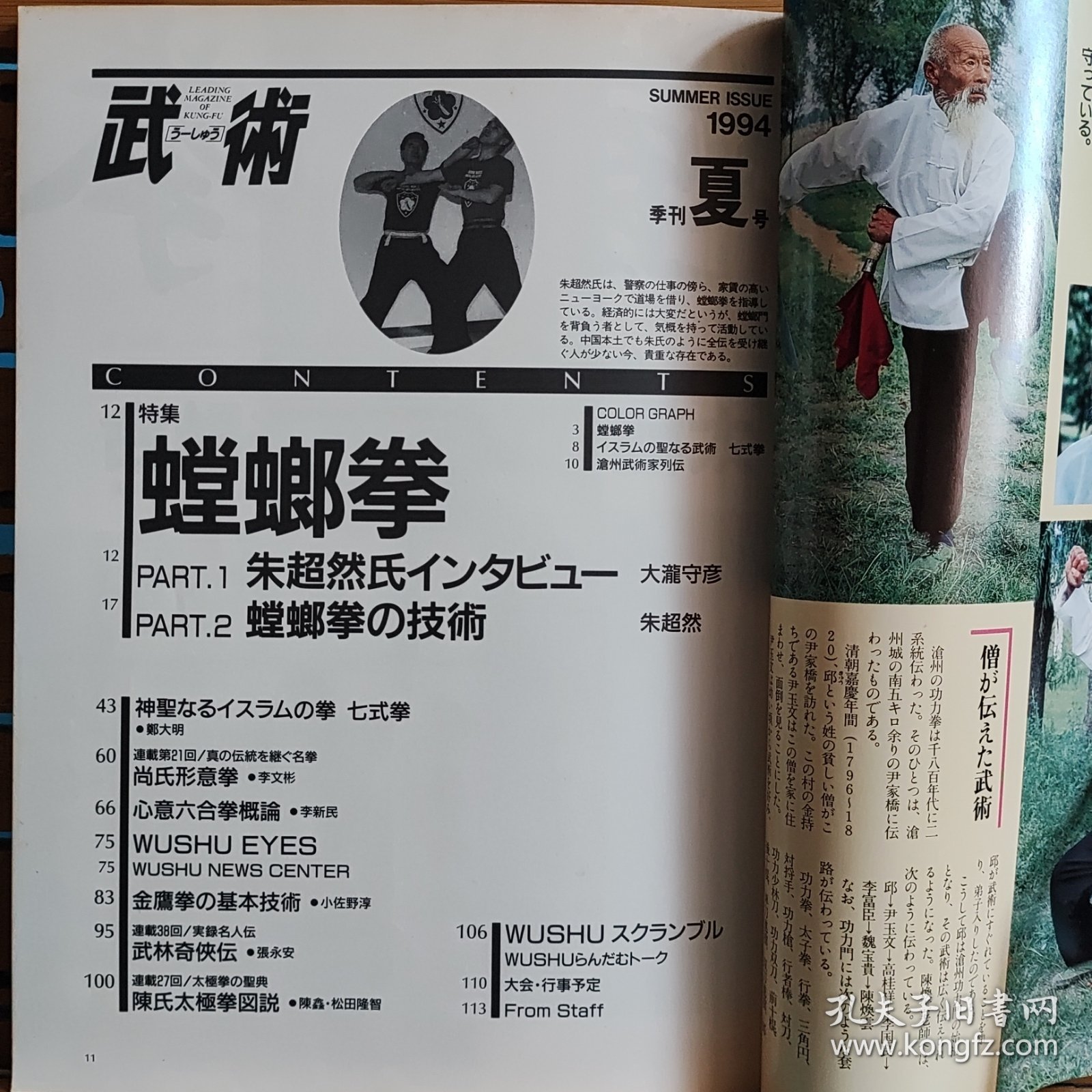 日文二手原版 16开本 中国武术の专门志 武术(うーしゅう)  1994年季刊夏号 特集 螳螂拳