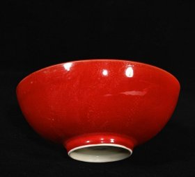 大明成化年制红釉雕刻龙纹薄胎碗一对,高5.2×12.2厘米