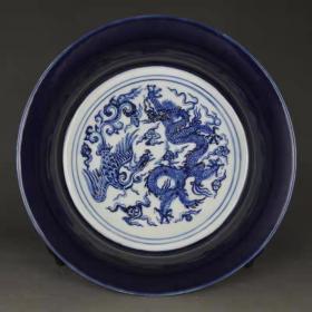 明青花手绘霁蓝釉龙纹碗