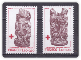 FR1法国1980 红十字系列 亚眠大教堂木雕储粮 雕刻版外国邮票 新 2全