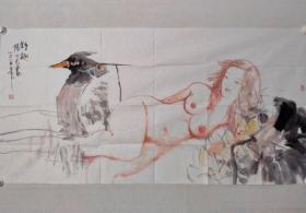 保真书画，阳小毛四尺整纸人物画《野趣》一幅，尺寸69.5×137.5cm，阳小毛，中国美术家协会会员，中国艺术研究院访问学者，中国画百杰艺术家。江西财经大学教授.硕士研究生导师.南昌大学教授职称专家评委。