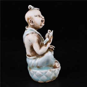 宋湖田窑天青釉塑像坐莲童子古董古玩古瓷器文玩艺术收藏品