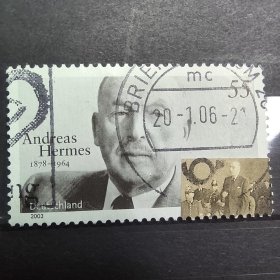 BRD122德国邮票2003年名人人物 正直的民主党人（二） A. 赫尔梅斯（1878—1964），政治家；赫尔梅斯出现在人民法庭前 外国邮票 信销 1全 邮戳随机 邮戳的盖脸