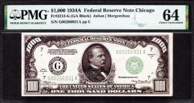 少见美品1934年美国1000美元联邦储备券纸币PMG评级64收藏
