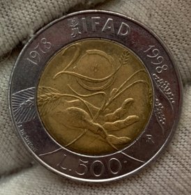 FAO 意大利1998独年500里拉 粮农组织纪念币 双色 25.8mm 按图发货