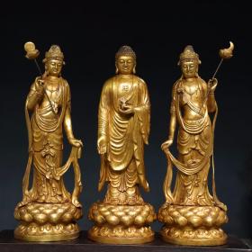 铜  鎏金【东方三圣】 佛像造像一套三个 尺寸：单个高47厘米  宽16厘米 厚15厘米  总 重13.1公斤