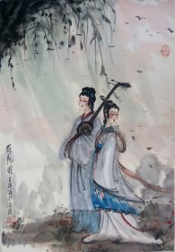 罗来瑛， 1948年生，祖籍江西南昌，国画大师傅抱石内侄女。毕业于南京金陵科技学院，深造于中国美术学院中国画高级研修班。曾任南京十竹斋艺术研究部主任，现为中国美协敦煌创作中心创作委员、江苏省美术家协会会员、江苏省国画院特聘画家、南京艺海潮书画院副院长、一级美术师。人物一幅46x66纸本原裱镜片。保真包退。