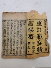 中医古籍，清代大本木刻医书，洛阳袁大宣著痘症第一善本《重订痘症精言秘要》首册卷一，有牌记，见图核对目录后应缺半框。