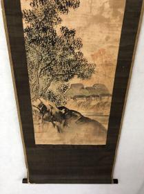 川端玉章 画155回流绢本【田园图】畫芯34×115厘米，品相如图，老旧，水印脱胶，绢本绫裱原装原裱，实木軸頭，值得收藏！