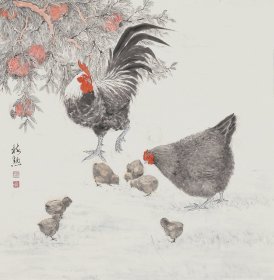 河北美协杨树勋吉祥一家大公鸡 画心68x68，手工托底 杨树勋，1948年生，河北美术家协会会员。作品曾多次参加全国性及海外展览。