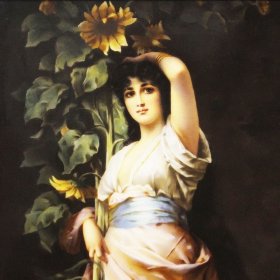 德国KPM瓷板画《持向日葵的少女》