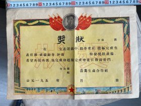 1950年 台山县生产合作社奖状空白，