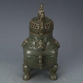 龙泉窑青釉四足兽耳狗头罐