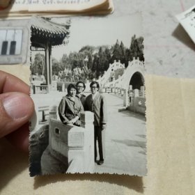 老照片——80年代保定古莲花池水中亭和汉白玉拱桥背景合影照片