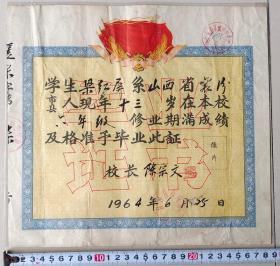 64年“襄汾县城关中学”毕业证！