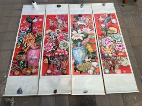 四条屏 老中堂画 挂轴画 挂画 《 四季吉祥 》四幅 薛长山作 天津杨柳青画社出版 尺寸142*38厘米，画心尺寸99*34厘米