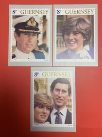 英国1981年，查尔斯王子（现任英国国王）和戴安娜王妃结婚纪念明信片三张。

1981年7月29日， 查尔斯和戴安娜在伦敦圣保罗大教堂举行婚礼。

标价为三张的价格