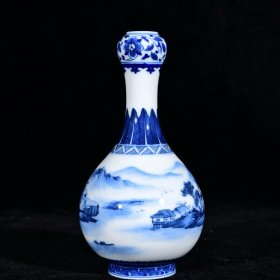 大清雍正年制青花山水纹元明堂款蒜头瓶 高16.3径8厘米2