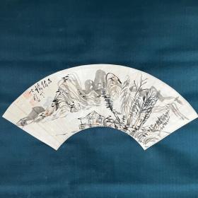 日本近代文人南画家藤本铁石作品，山水图扇面，纸本绫裱，实心好轴头，扇面宽46.5高15。139