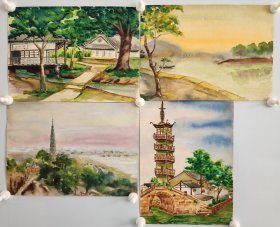 老上海风景水彩画，有醉白池，法华塔，还有一个古塔小溪等风景，年代估计是解放后的，背后有签名