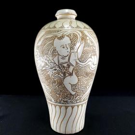 宋磁州窑珍珠地刻童子纹梅瓶 尺寸高28.2CM宽14.4CM