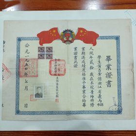 1950年浙江省立金华师笵学挍（毕业证书）有四张税票，稀有