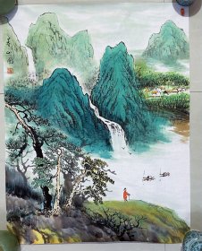 山水画，半工半写意，皴法点染，纯手绘，假一赔万，正面一幅画，背面一幅画，都是本人精心收藏的，辽宁省美协刘志伟老师，笔名儒樵老师的原创大作，实际画的比照片拍出来要漂亮的多，照相光线不好，笔法苍劲有力，浓淡干湿焦，行云流水。70×90的，家里客厅，卧室，书房都可悬挂，特别是玄关挂，非常合适，非常大气，家中有字画，必是富贵家，要想人前显贵，必得花开富贵，闭眼入，真的特别好看。