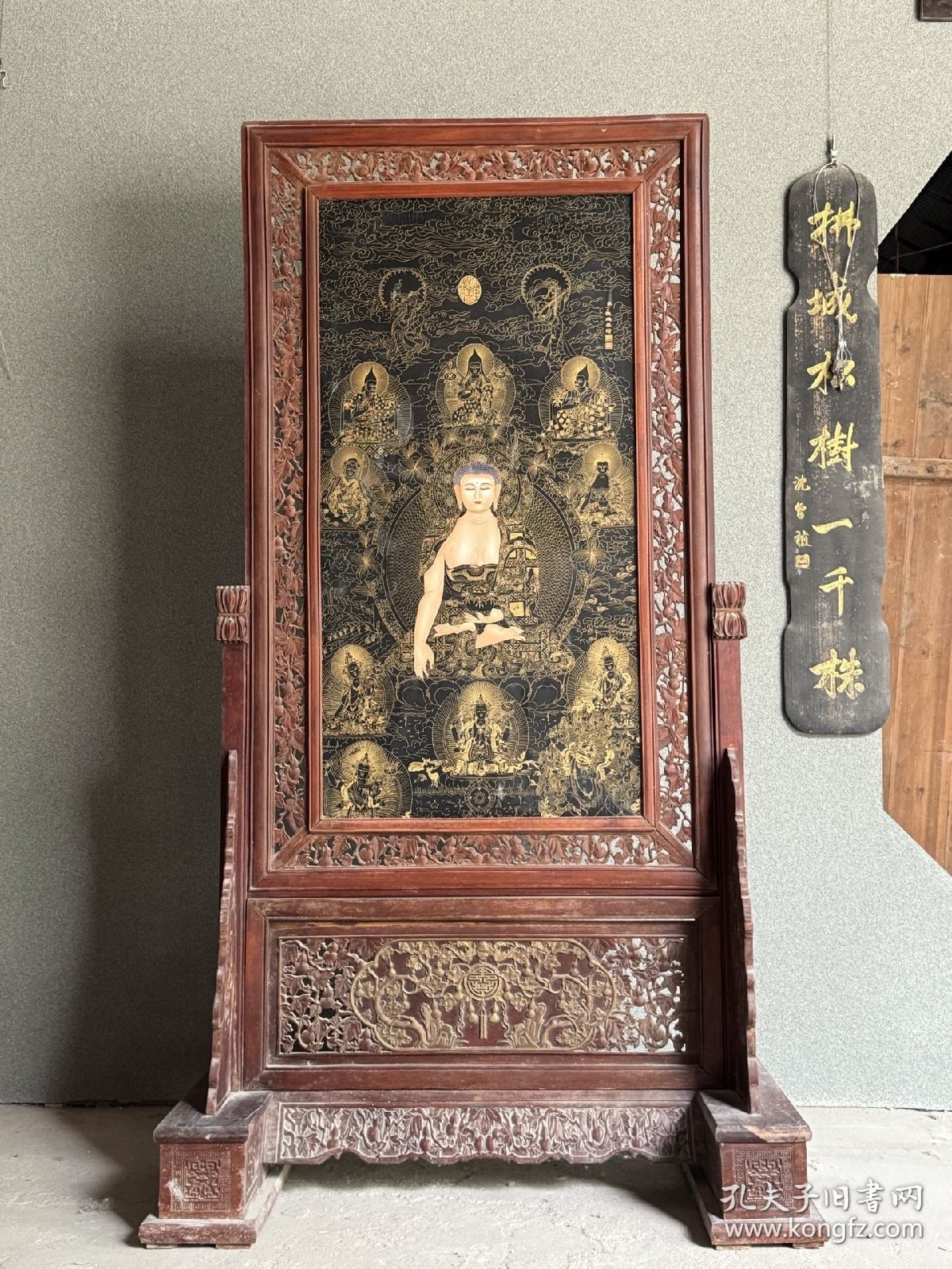 花梨木镶嵌瓷板画落地大插屏释迦牟尼佛