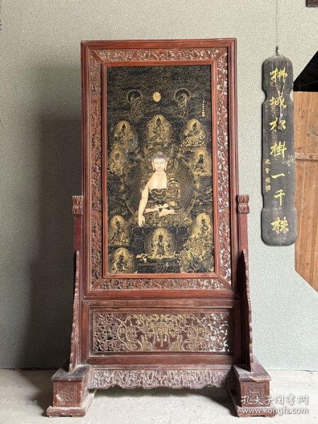 花梨木镶嵌瓷板画落地大插屏释迦牟尼佛