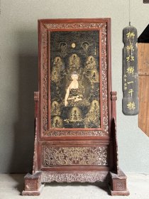 花梨木镶嵌瓷板画落地大插屏释迦牟尼佛