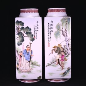 民国珠山八友八月十五月圆会和绘顶级佳作四方镶器对瓶