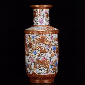 瓷器 清乾隆珐琅彩雕刻鎏金龙穿花纹爆竹瓶 68*30厘米