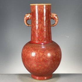 海外回流大清康熙年制窑变釉红釉双耳花瓶 古董古玩收藏