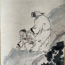 日本古画，伯夷叔齐采薇图，题材罕见，纸本纸裱有虫蛀，木质轴头，画心123.7*27.8。小200