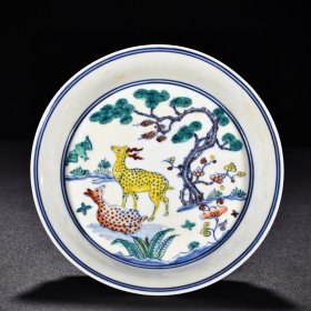 瓷器 明成化斗彩福夀延年松鹿图盘 高3.3厘米 宽16.5厘米