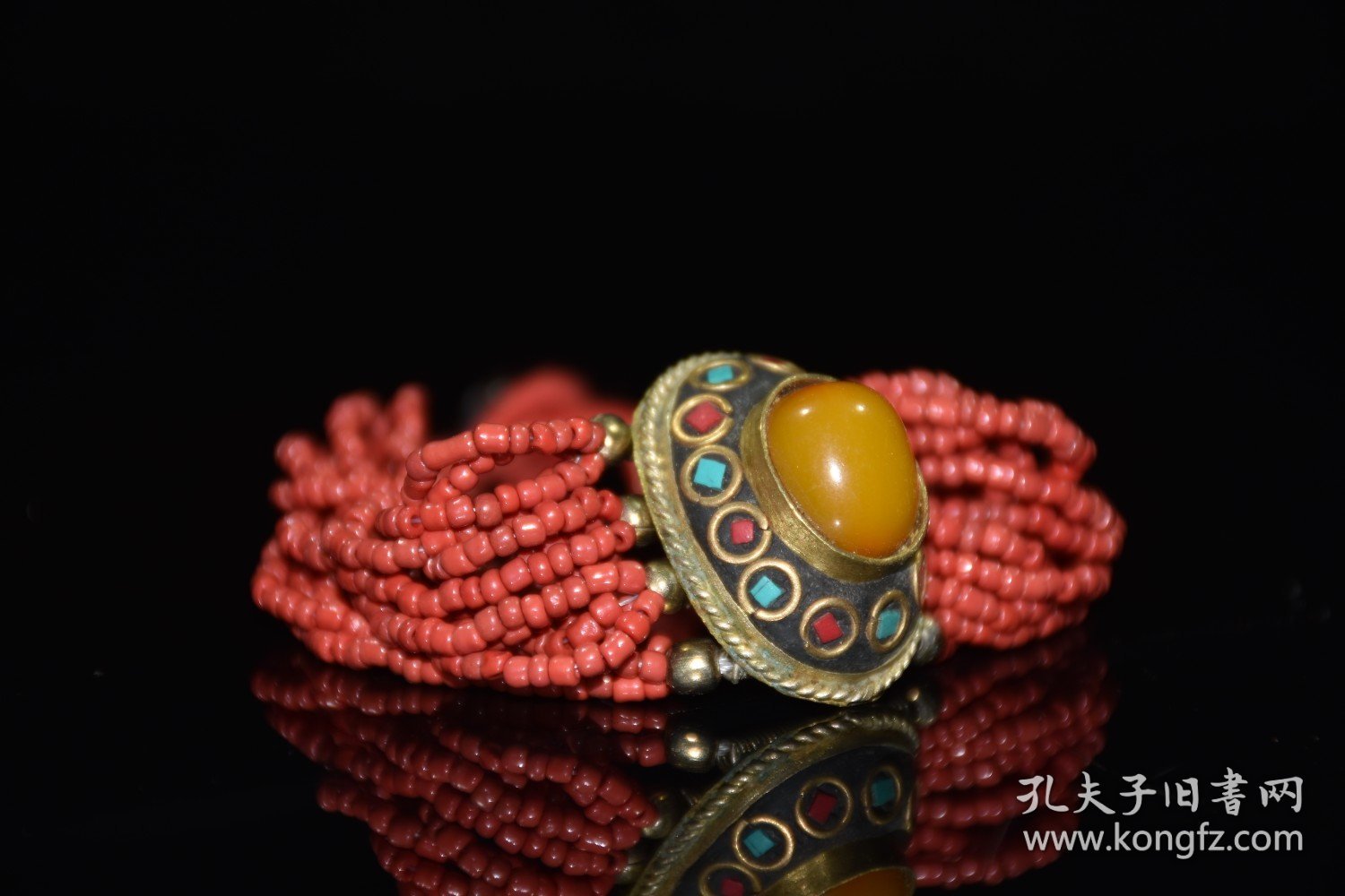 西藏白铜镶嵌宝石蜜蜡手链手珠手持手串 约33克