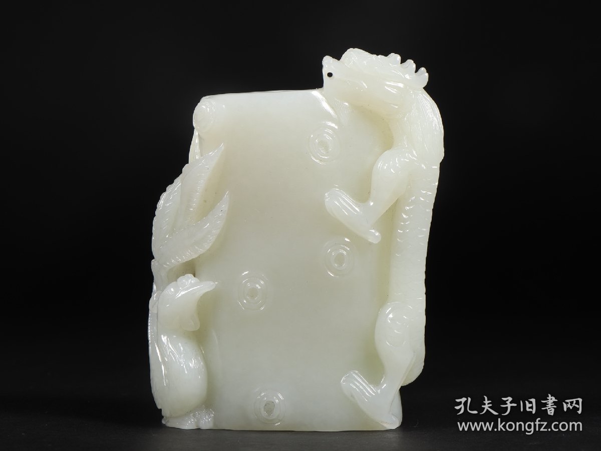 旧藏 和田玉高浮雕龙凤纹笔筒