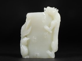 旧藏 和田玉高浮雕龙凤纹笔筒