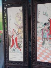 昭君出塞，贵妃醉酒，西施浣纱 貂蝉拜月，古代四大美女瓷板画，年代未知，保真瓷不包年代。纯手绘，非印刷品。个头大，不包邮，运费到付，估计运费挺贵的。谨慎下单，售出不退。

纯实木框子，框子是老木工工艺，不是那些粗制滥造的东西，画工和框子工艺都很讲究