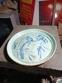 民国诗句花鸟搪瓷茶盘