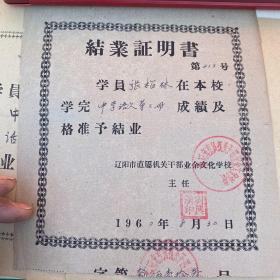 1960年辽阳市直属机关干部业务文化学校结业证明