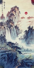 山水画，旭日东升，很有意境，色彩构图非常漂亮，写意画法，皴法点染，纯手绘，假一赔万，终身保真，国家一级美术师崔延文老师的原创大作，实际画的比照片拍出来要漂亮的多，笔法苍劲有力，浓淡干湿焦，行云流水。尺寸1.4米×70公分，四尺整张的，家里客厅，沙发背景墙，玄关，书房，中堂，茶室，办公室都可悬挂，闭眼入，真的非常好看。带老师合影！