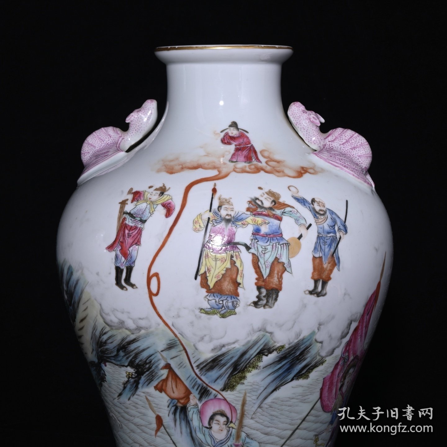 点击查看原图 旧藏 清乾隆珐琅彩描金水漫金山人物故事纹福耳瓶 高31.8×20厘米