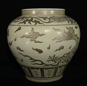 大明宣德年制描银龙纹罐，描真银，高31.5×34厘米